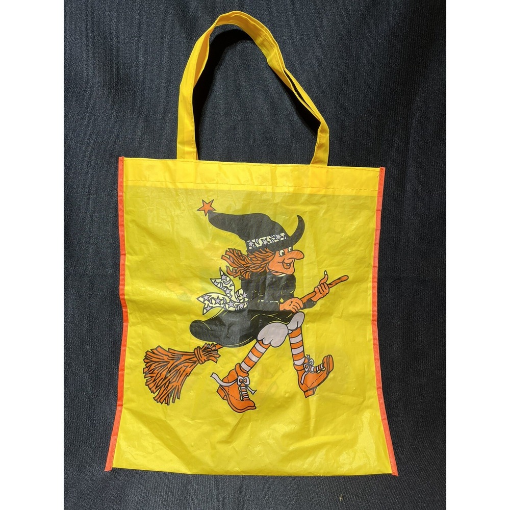 Vintage Halloween Trick Or Treat Plastic Bag Witch Broom Yellow 15"